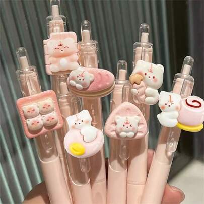 5 canetas esferográficas retráteis aleatórias de urso rosa claro com desenho de urso, caneta esferográfica criativa personalizada, caneta esferográfica retrátil para estudantes, caneta esferográfica feminina rosa fofa com tinta preta de 0,5 mm