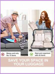 Set organisateur de voyage 9-en-1. Sacs de rangement de grande capacité, organisateurs de bagage pour vêtements, sous-vêtements, chaussures, cosmétiques, articles de toilette. Convient pour les chemises, sous-vêtements, vêtements, maquillage, rouge à lèvres, ombre à paupières, fond de teint, éponge, pinceaux, brosse à dents, dentifrice, nettoyant pour le visage, etc. Idéal pour les voyages, l'hôpital, le dortoir, l'école, les vacances, les fournitures scolaires.