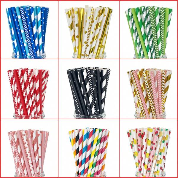 100pcs/Pack Assorted Color Disposable Paper Straws, Randomly Shipped, Suitable For Beach, Party, Queuing, Restaurant