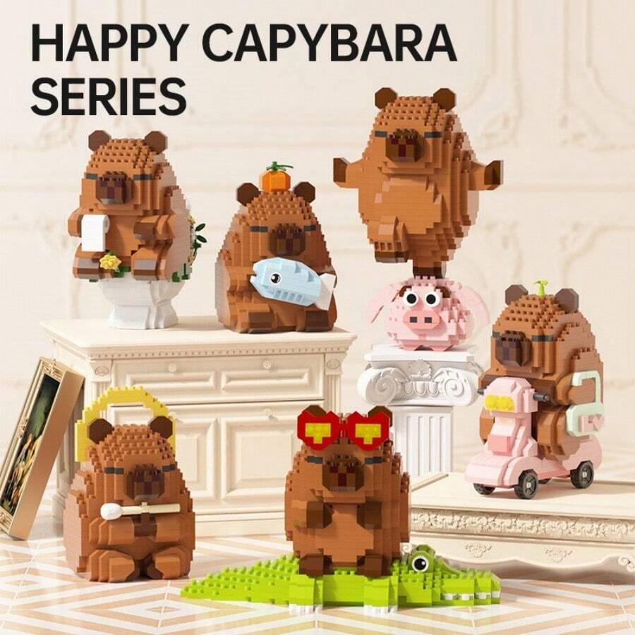 Set de blocuri de construcție cu tematică animală Capybara, 400+ bucăți, decor de birou și ameliorare a stresului, cadou pentru familie/birou, vehicul de jucărie de asamblat, potrivit pentru ziua de naștere, Ziua Tatălui, Ziua Mamei, nuntă, absolvire