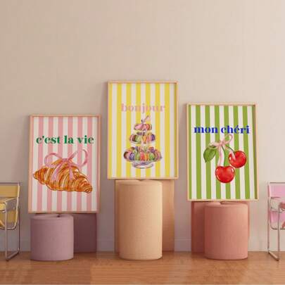 1/3-delige provocerende wanddecoratieset met Franse desserts, levendige kersen- en croissantprints met het citaat "Sweet Indulgence" en een Parijse patisserieachtergrond, opvallend canvas met taartkunst zonder lijst voor een meisjesachtige keuken/vakantiehuis/strandafstudeerdecoratie, perfect cadeau voor haar en de beste feestdecoratie (prints zonder lijst) - door reizen geïnspireerde wanddecoratie, kleurrijke foodprints voor aan de muur, prints met Franse bakkerijdecoratie voor aan de muur