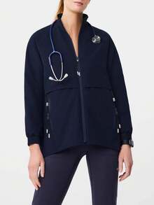Women's Matte Finish Long Sleeve Multi-Pocket Zipper Front Scrubs Jacket With Inner Pocket, Lightweight Scrubs Workwear For Nurses, Dentists, Healthcare, Pet Hospital, Laboratory - Navy Blue - View 5