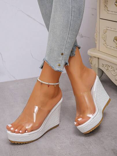 1 Pair Women's New Comfortable Platform Wedge Transparent Slip-On Peep-Toe Sexy Summer Espadrille Sandals