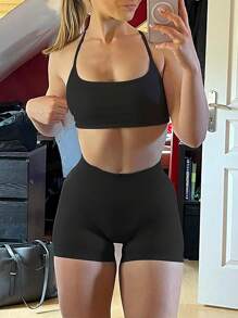 Conjunto de 3 Peças Shorts Esportivos Femininos, Cor Sólida, Shorts Elásticos de Cintura Alta com Controle da Barriga, Shorts de Treino, Shorts de Ciclista