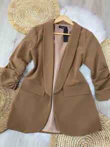 Blazer ,Manga plisada 3/4  Liso    Elegante  Casual    Poliéster    BLAZER, SACO  Oficina  Noche de fiesta  Formal y de noche  fiesta del té - Caqui - Ver 1