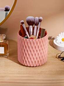 1pc 360° Rotating Makeup Storage Box, Large Capacity Makeup Brush Holder With Dividers, Suitable For Brushes, Lipsticks, Eyebrow Pencils And Eye Shadows, White/Grey Plastic, Convenient For Vanity Or Bathroom,For Holiday Beach, Bathroom Collection, Bedroom Collection, Large Capacity