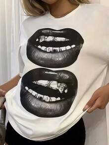 Ribbed cotton women's t-shirt, personalised lip print, college style spring and summer new sports women's clothing, drape fashion soft breathable women's white short sleeve tops