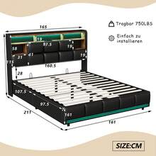 Upholstered Bed 140x200 Cm With Storage Headboard, Modern Double Bed Frame 140x200 Cm With Slatted Frame, Bed Box, Hydraulic Double Bed, Without Mattress, Black, PU Leather (160x200cm) - 黑色 - 查看 12