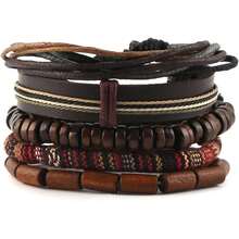 Wrap Bracelets With Hemp Cords Wood Beads Leather Wristbands Unisex Boho Style - 木珠款式 7 - 查看 5