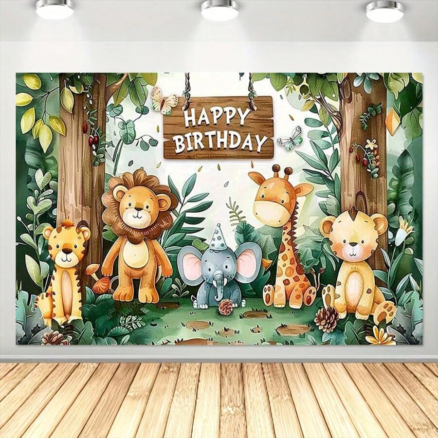 Fundal de ziua de naștere în junglă pentru animale sălbatice, dimensiune, fundal de fotografie din poliester, decorare de petrecere cu desene animate la grădina zoologică, material textil de fundal foto pentru botez, fundal de petrecere cadou, nu necesită electricitate