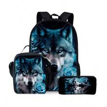 Wolf Pattern Printed Backpack Three Pieces Set (Single-Layer Backpack + Shoulder Strap Lunch Bag + Single-Layer Pencil Bag) Bag For School College - Black - View 12