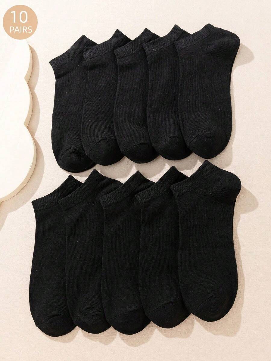 10 Pairs Plain Short Socks For Men & Women, Versatile Simple Design, Casual Comfortable Ankle Socks For Spring/Summer - Black - View 1