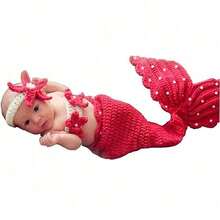 3件套手工钩针美人鱼尾巴服装新生儿摄影道具婴儿洗礼裙派对礼物婴儿拍照服装 - 彩色 - 查看 6