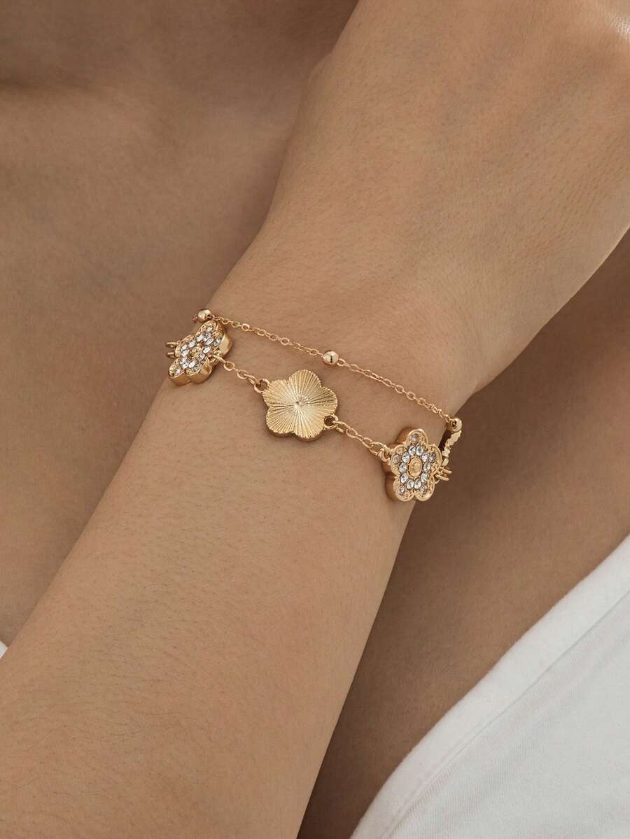 1 件水钻装饰四叶草幸运设计双层手链，适合女士，甜蜜派对礼物（手工制作，珠子数量可能有所不同，固定长度）