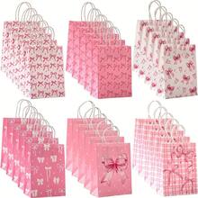 6/12 件粉色蝴蝶结主题派对礼品袋 - 优雅的纸质礼品袋，带手柄，适合婚礼、新娘送礼会、生日和特殊场合，饰有蝴蝶结、星星和粉色几何图案，婚礼派对礼品 | 异想天开的蝴蝶结设计 | 坚固的手柄袋，新娘派对礼物