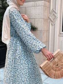 满版印花优雅时尚阿拉伯风格休闲长袖连衣裙 - 薄荷藍 - 查看 4