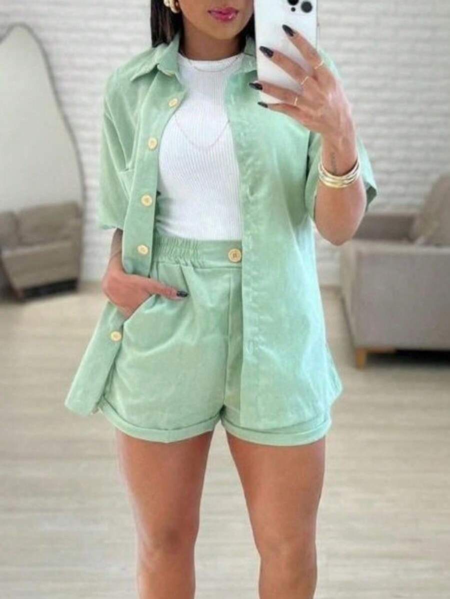 Linen Set / Shirt And Shorts / With Elastic Waistband - Nhiều màu - Xem 1