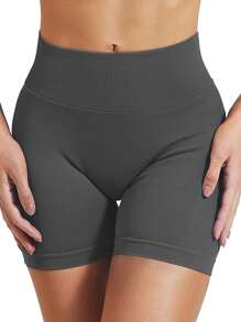 Conjunto de 3 Peças Shorts Esportivos Femininos, Cor Sólida, Shorts Elásticos de Cintura Alta com Controle da Barriga, Shorts de Treino, Shorts de Ciclista