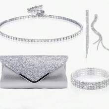 4 Pieces Women Rhinestone Jewelry Set Bling Necklace Earrings Bracelets Set For Wedding Clutch Purses Bag For Women Evening Bag Bling Glitter Elegant V-Shaped Flap Envelope Clutch Bag Wedding Party Bridal Purse