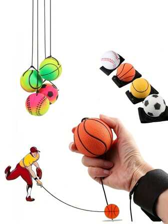1/4 stuks leuke basketbal pols stuiterbalset, 60 mm hoge flex rubberen trainingsbal voor jongeren, polsbandset - werp- en reboundsportset voor buitenactiviteiten zoals honkbal, voetbal en tennis, polsbalretourapparaat - oogcoördinatieoefening