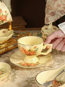 1pc Korean Style Ceramic Cream-Colored Coffee Cup And Saucer Set, Rose Flower Design, Suitable For Home, Club, Cafe, And Office Use Back To School