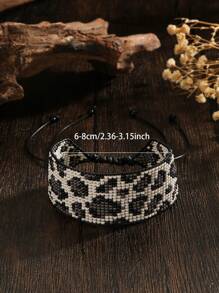 Handmade Beaded Woven Bracelet, Bohemian Style Bracelet, Retro Black White Gray Leopard Weaven Bead Bracelet, Adjustable Length, Fashionable Bracelet For Women, Personalized Bracelet, Suitable For Daily, Vacation, Party, Holiday Gift