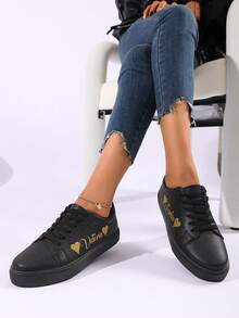 Personalized Heart Design Sneakers, Customizable Glitter Text Name, Birthday, Anniversary, Classmate, Family, Bridesmaid, Bride Gift, Holiday, Couple Casual Shoes - Black - View 5