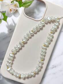 1pc White Crescent Moon Shape Faux Pearl Beads Lanyard, Suitable For Smartphones, Cameras, Wireless Earphones