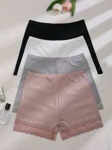 4pcs Women's Sweet Solid Color Knitted Fabric Gathering Mid-Waist Briefs - Multicolor - View 2