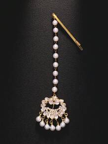 1 pièce Vintage Maang Tikka couronne de mariée avec perle et strass, bijoux de mariage, bijoux de carnaval pour la tête, chaîne à cheveux, ornement de tête, bijoux pour cheveux