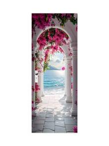 1 件现代可移除墙画门贴纸 - 白色柱廊配粉色花朵，卧室墙贴的抽象艺术海报，宁静的海岸景观设计，易于安装的纸质装饰，适用于家居装饰贴纸，个性化贴纸