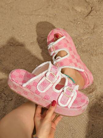 Women's Round Toe Thick Bottom Presbyopia Fashionable Candy Color Open Toe Increased Height Versatile Beach Slippers