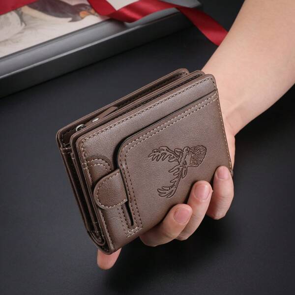 1pc New Design Men's Wallet, Vintage Deer Head Casual Multifunction Zipper Coin Purse, Young Student Versatile Multi-Card Position Card Holder, Men Gift