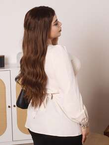 Lupita Cardoza Front Hollow Chinese Knot Tie Waist Long Sleeve Maxi Shirt - Apricot - View 4