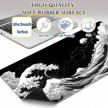 Extra Large Japanese Wave Gaming Mouse Pad - Non-Slip, Washable Rubber Base Desk Mat With Vibrant Black & White Great Wave Off Kanagawa Design, Ideal For Gamers & Professionals, Extra Long & Thick Table Pad, Nonslip Base, Fabric Top