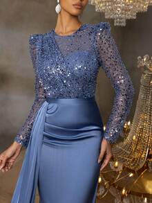 Elisanya Váy dạ hội đuôi cá sequin thanh lịch với chân váy satin dài chấm đất | Thiết kế trang trọng thanh lịch sang trọng | Hoàn hảo cho đám cưới, tiệc Gala, sự kiện thảm đỏ và bữa tối trang trọng - Màu xanh bụi bặm - Xem 6