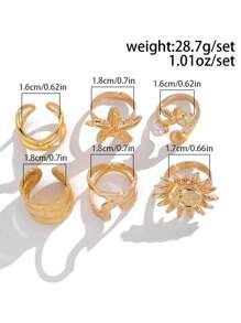 6pcs/Set Bohemian Style Starfish & Hollow Sun Flower Geometric Ring Set, Suitable For Beach And Daily Wear