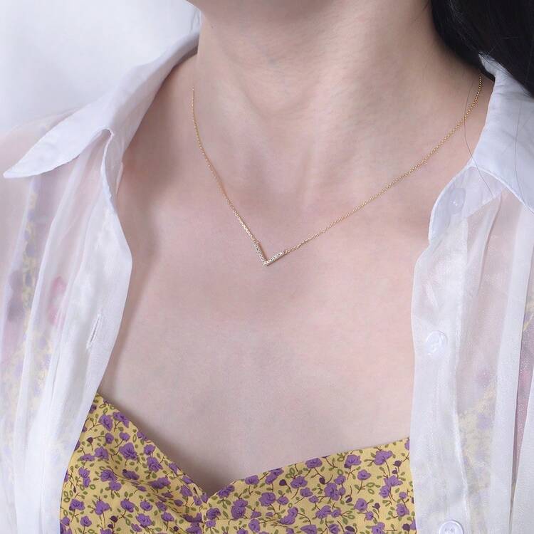 Biokia 1pce V Collarbone Necklace With Rhinestone Simple & Elegant Stainless Steel - Gold - View 9