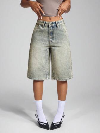 Jeanoix 夏季复古水洗直筒牛仔短裤