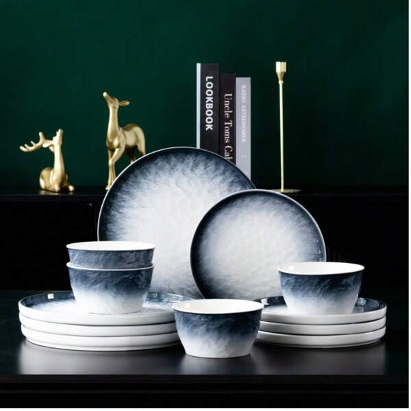 12-Piece Ceramic Dinner Set, Dreamy Ocean Blue Glaze, Anti-Slip Home-Use Bowl And Plate Gift Box, Plate And Bowl Set, Suitable For 4 People, Gradient Blue