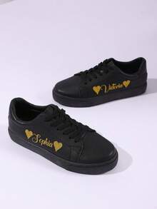 Personalized Heart Design Sneakers, Customizable Glitter Text Name, Birthday, Anniversary, Classmate, Family, Bridesmaid, Bride Gift, Holiday, Couple Casual Shoes - Black - View 3