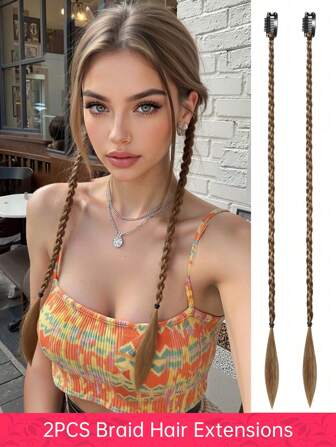 婴儿辫子前侧刘海长辫马尾辫接发派对棕色夹式接发2件单夹接发20英寸直发合成假发适合女性儿童女孩派对旅行日常时尚配饰Y2K发型