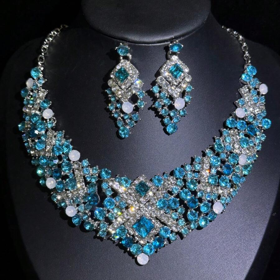 1 Set Elegant Rhinestone Embedded Earrings, Necklace & Bracelet 3pcs Jewelry Set, Suitable For Brides, Weddings, Banquets & Parties - White - View 1