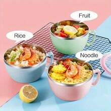 1 pieza Tazón de acero inoxidable con asa, a prueba de óxido con tapa, apto para fideos instantáneos, arroz, sopa, recipiente de almacenamiento de alimentos, bento de cocina doméstica y comedor - Multicolor - Ver 11