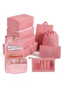 Set organisateur de voyage 9-en-1. Sacs de rangement de grande capacité, organisateurs de bagage pour vêtements, sous-vêtements, chaussures, cosmétiques, articles de toilette. Convient pour les chemises, sous-vêtements, vêtements, maquillage, rouge à lèvres, ombre à paupières, fond de teint, éponge, pinceaux, brosse à dents, dentifrice, nettoyant pour le visage, etc. Idéal pour les voyages, l'hôpital, le dortoir, l'école, les vacances, les fournitures scolaires.
