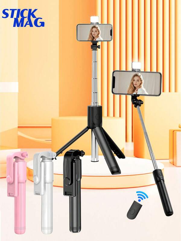 STICKMAG 70cm Wireless Bluetooth Selfie Stick Tripod, With LED Fill Light, Wireless Remote Control 360° Rotating Mobile Phone Stand, Compatible With IPhone 16 15 14 13 12 11e/Max/ Pro /Xs/ Xr/X/Plus, Compatible With Samsung Galaxy S25/S24/S23 /S22Ultra, And Other Android Smartphones, GoPro, Suitable For Travel And Self-Broadcasting Shooting