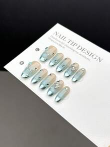 10pcs Medium Oval Nail Tips, Handmade Elegant Nail Sticker Decals - Blue-Green Cat Eye Marble Gradient With White Rhinestone Butterfly Decorations, Suitable For Women And Girls In Various Occasions, Comes With A Nail Set - Multicolor - View 4