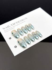 10pcs Medium Oval Nail Tips, Handmade Elegant Nail Sticker Decals - Blue-Green Cat Eye Marble Gradient With White Rhinestone Butterfly Decorations, Suitable For Women And Girls In Various Occasions, Comes With A Nail Set - Multicolor - View 5