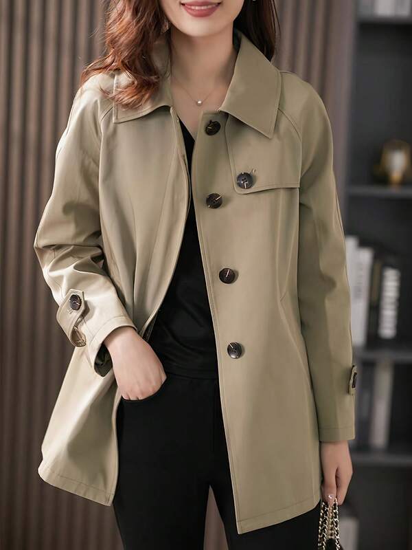 Elegant Women's Front-Buttoned Autumn Jacket, Large Lapel Design, Fashionable And Classic Windbreaker, Suitable For Daily Wear And Spring And Autumn Travel