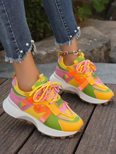 Women's Student Sports Style Lace-Up Letter Decor Mesh Breathable Sneakers, Outdoor Versatile Platform Athletic Casual Running Shoes, Thick Sole Chunky Sneakers